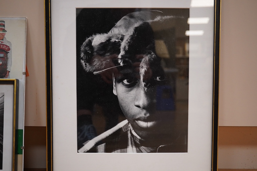 A pen and ink sketch of Sur Rodney, relating to Cavellini 2014, 40x30cm, and two related black and white portrait photographs. Condition - fair to good.